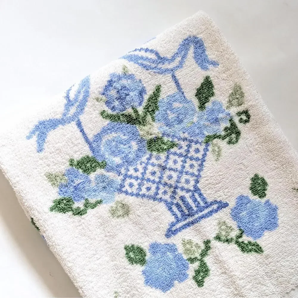 Vintage Cannon Bath Towel with Blue Floral Pattern
